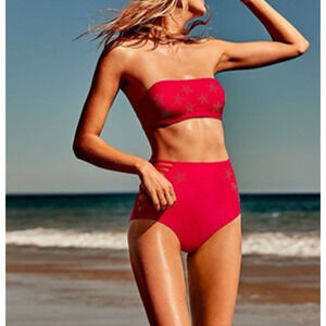 Victoria's Secret PINK Gold Star Bandeau Bikini Top Size M Red Festival NWOT